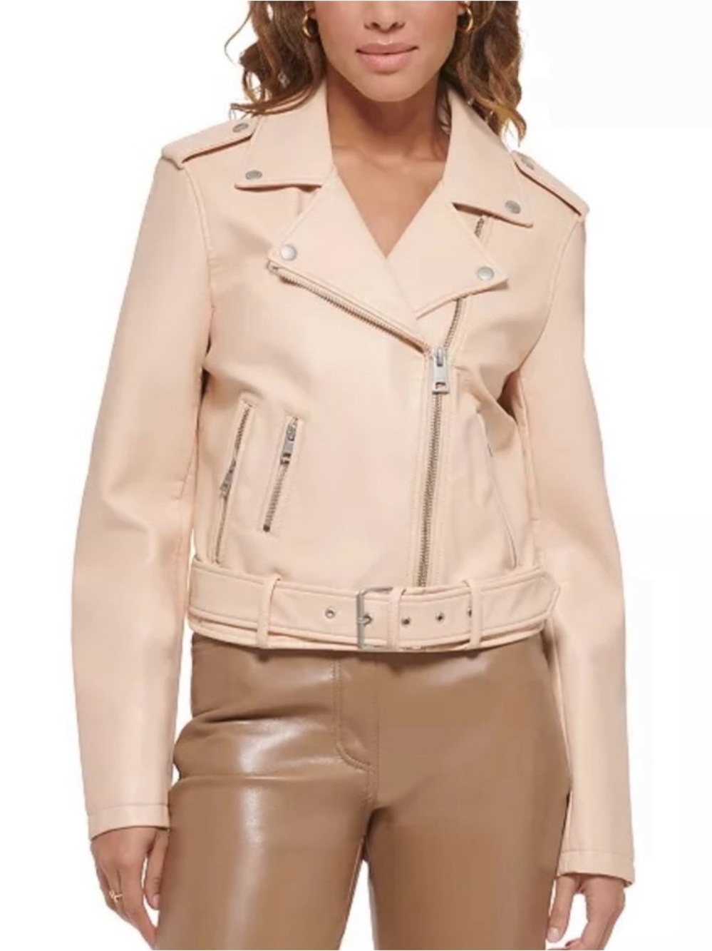 Levi's Women's Faux Leather Moto Jacket Pink Scallop Large MSRP: $150 Belted